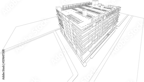 Perspective 3d Wireframe of building