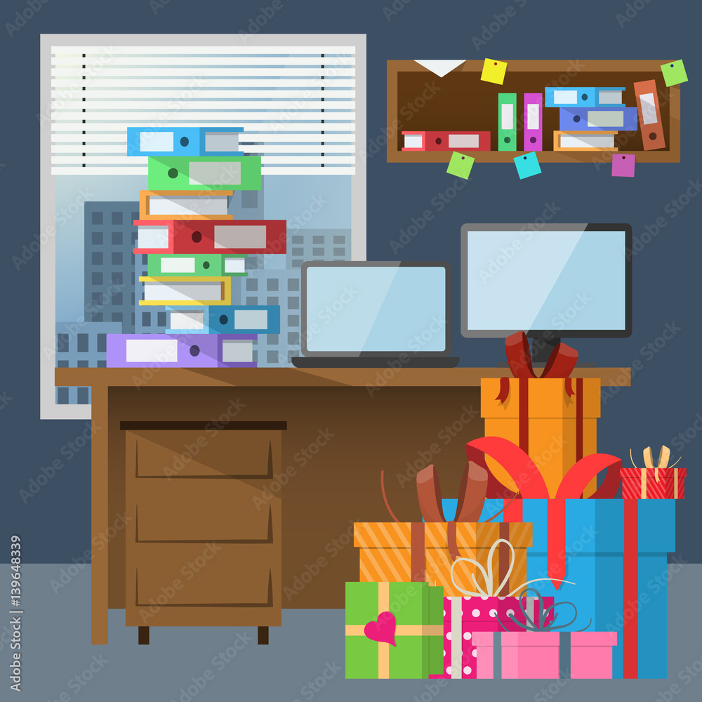 modern office interior with present boxes. Vector image.