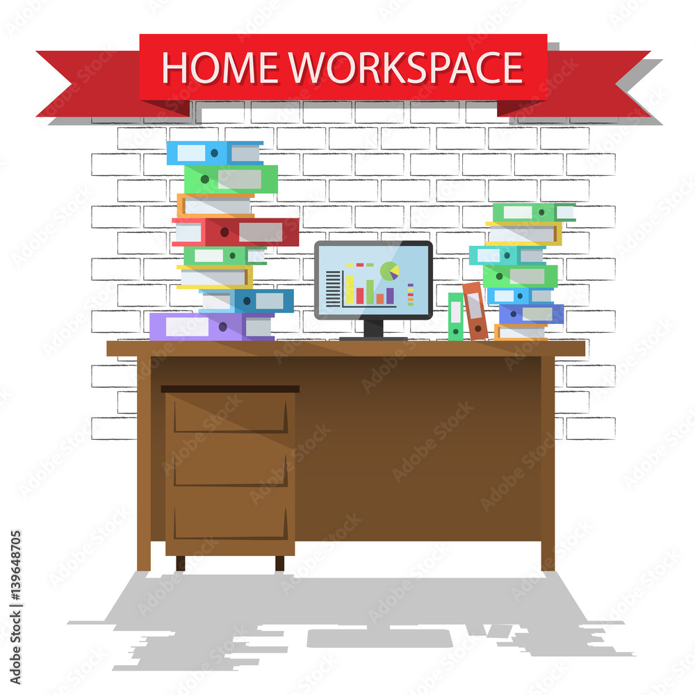 Flat design vector illustration of workspace interior with banner Flat design vector illustration of workspace interior with banner