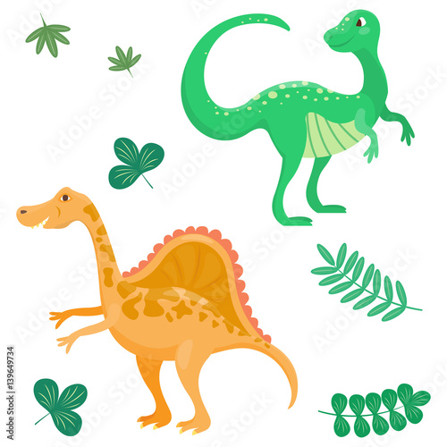 Fototapeta Naklejka Na Ścianę i Meble -  Cartoon dinosaurs vector illustration isolated monster animal dino prehistoric character reptile predator jurassic fantasy dragon leaf