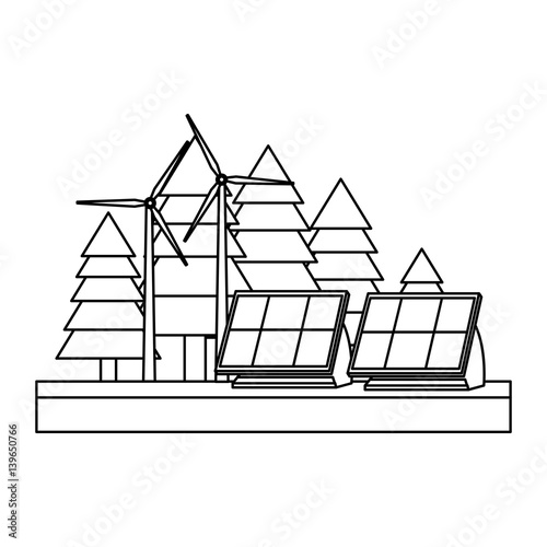 trees wind turbine and solar panel icon image vector illustration design