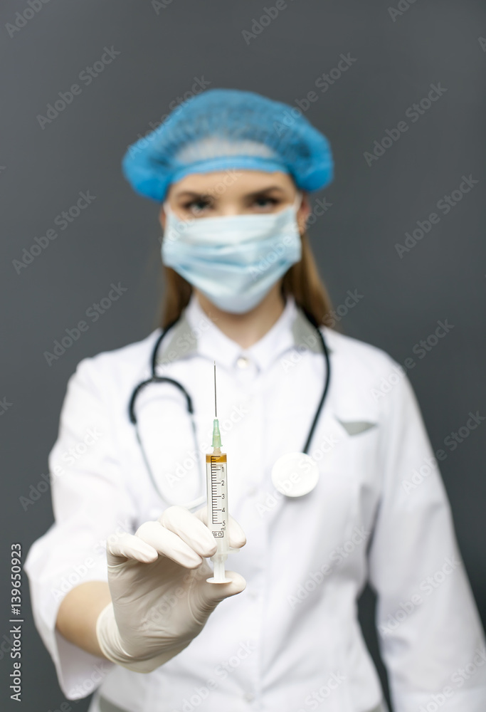 Doctor, nurse in mask With Injection syringe Doctor, nurse in mask With Injection syringe