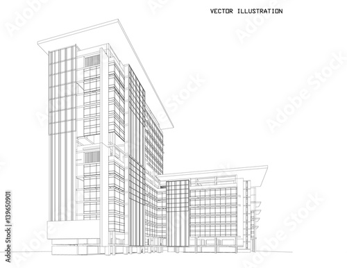 Perspective 3d Wireframe of building
