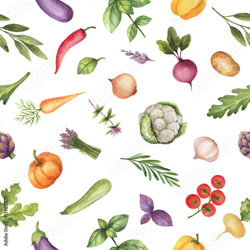 Watercolor seamless pattern vegetables and herbs isolated on white background.