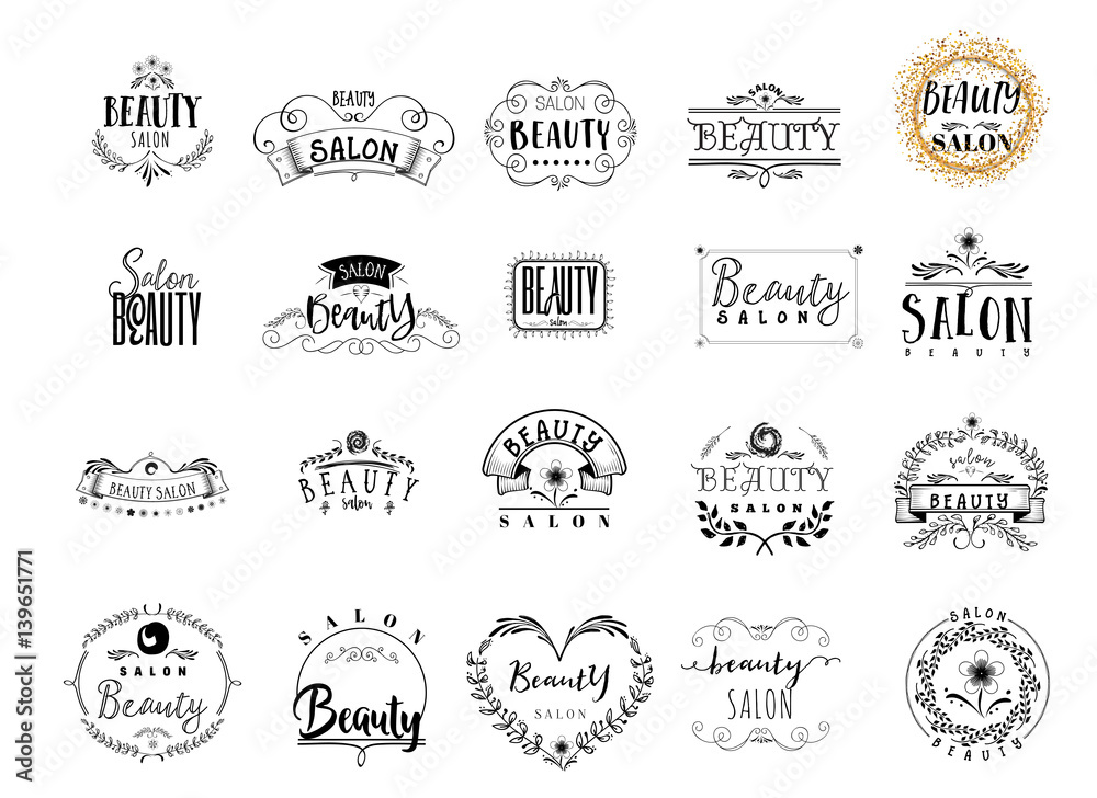 Fototapeta premium Badge for small businesses - Beauty Salon. Sticker, stamp, logo - for design, hands made. With the use of floral elements, calligraphy and lettering