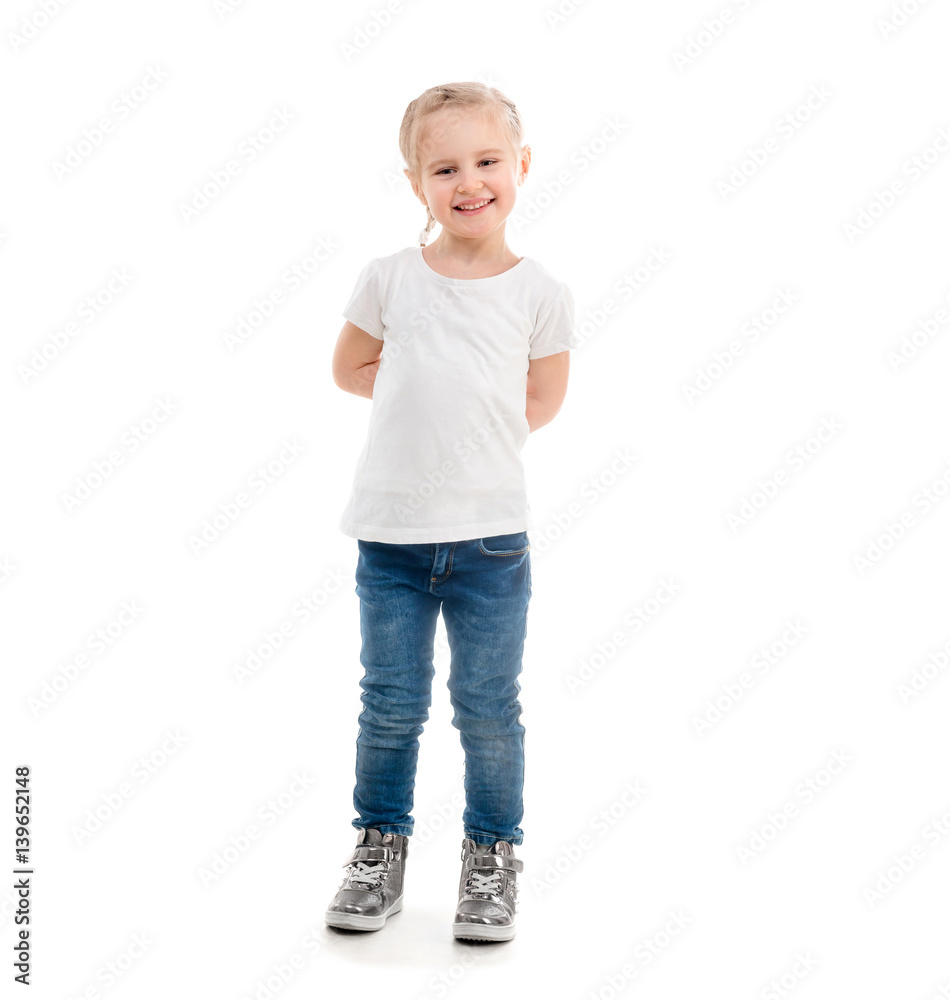girl in t-shirt standing isolated on white background girl in t-shirt standing isolated on white background