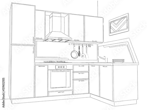 Modern corner kitchen interior pencil drawing.