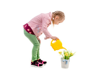 Girl watering flowers, isolated on white background