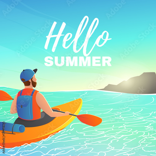 Beautiful backdrop with man paddling kayak in sea. Character kayaking in ocean to island on a sunny day.  Vector illustration.