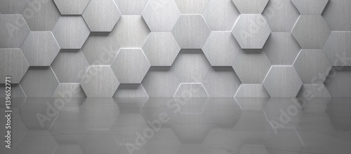 Fototapeta Naklejka Na Ścianę i Meble -  Empty Wide Room With Hexagon Metal Wall and Marble floor (3d Render)