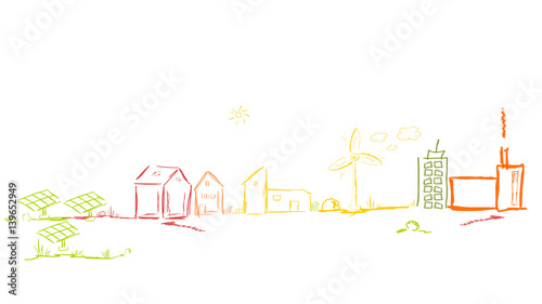 Stadt Landschaft Bunt Farbig Energie Windenergie Solar Zeichnung Skizze