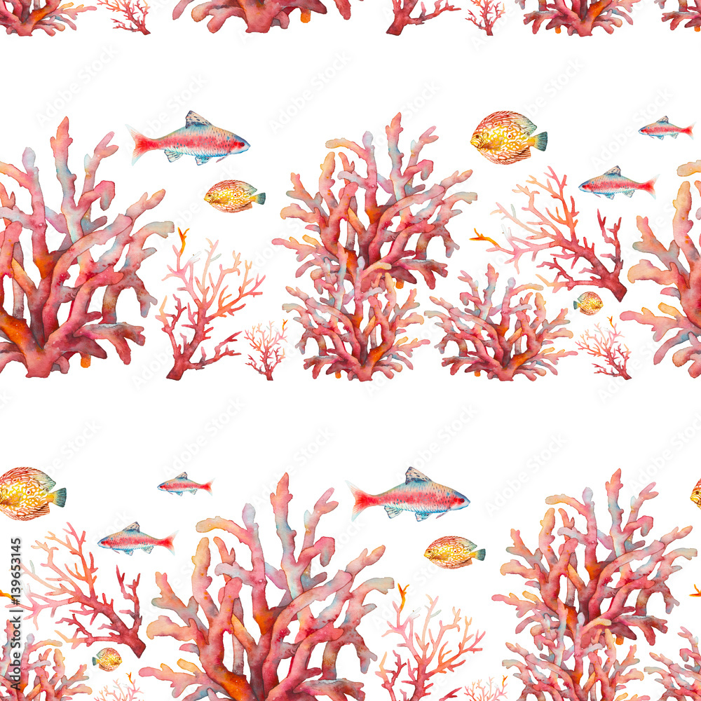 Naklejka premium Watercolor nautical seamless pattern. Hand painted underwater texture with fishes and corals on white background. Sea wallpaper design