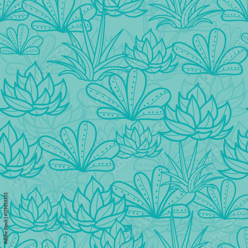 Vector Blue Seamless Repeat Pattern With Growing Succulents and Cacti. Trendy tropical design for textile, fabric, packaging, backdrops, wallpaper.