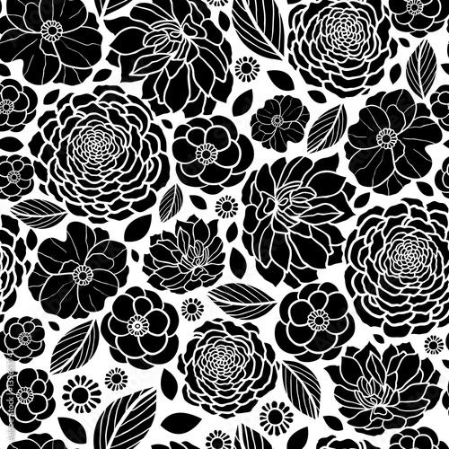 Vector Black and White Mosaic Flowers Seamless Repeat Pattern Background Design. Great For Elegant wedding invitations, anniversary, packaging, fabric, wallpaper.