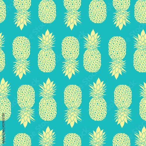 Fresh Blue Yellow Pineapples Geometric Vector Repeat Seamless Pattrern in Gre...