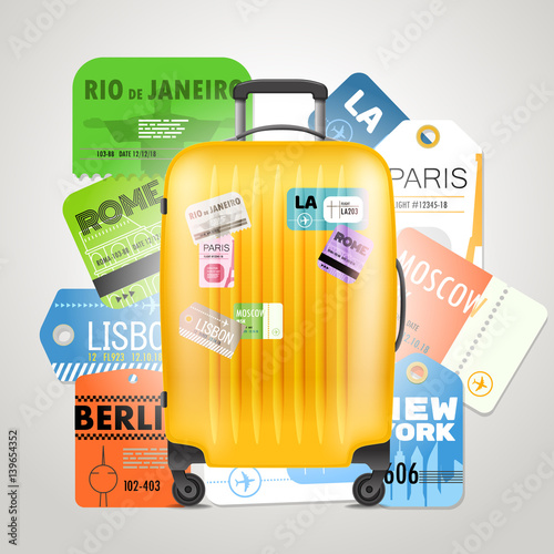 Different boarding pass collection and modern travel bag. Travel concept