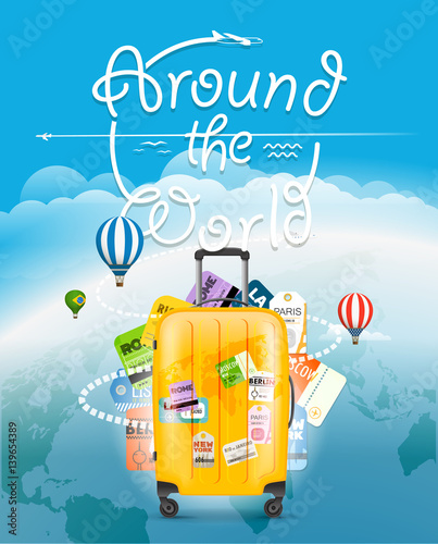 Go travel concept. Travel bag and different touristic elements