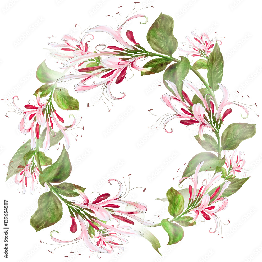 Obraz premium Branch honeysuckle. Watercolor. Seamless pattern. Wallpaper. Use printed materials, signs, posters, postcards, packaging.