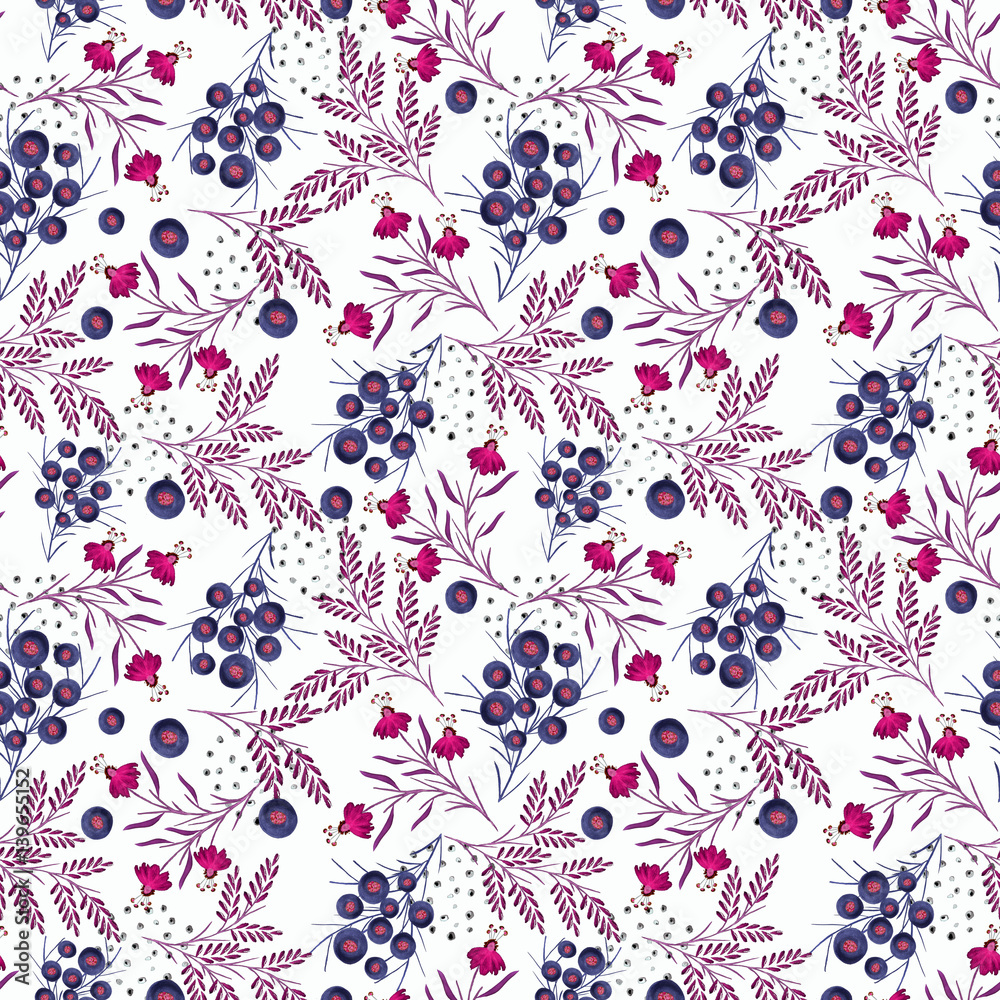 Naklejka premium Seamless floral pattern. Colorful flowers, leaves, twigs on white background.