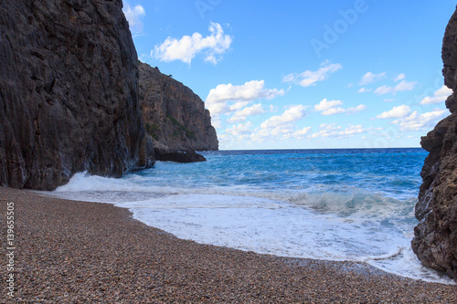 Canyon Torrent de Pareis, beach and Mediterranean Sea, Majorca, Spain