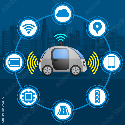 autonomous car and various function icons, connected car, smart vehicle, automotive technology, vector illustration