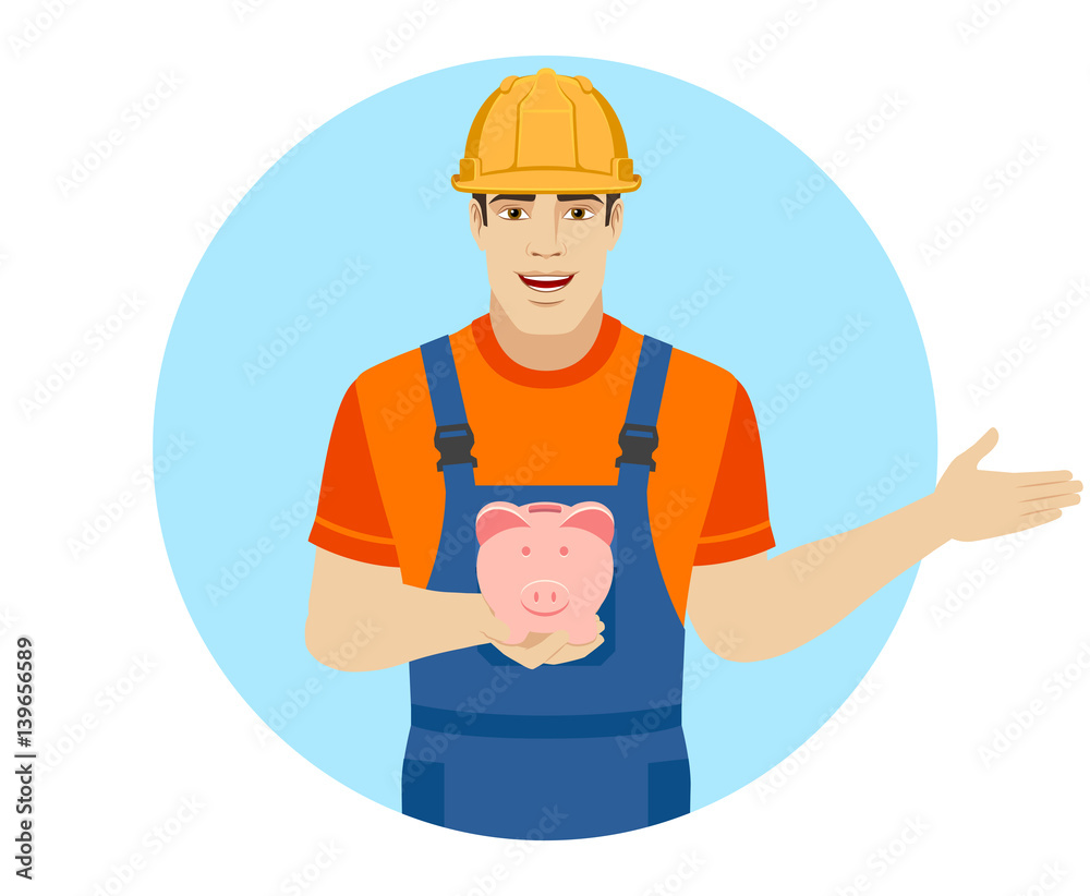 Builder holding a piggy bank and showing something beside of him. Builder holding a piggy bank and showing something beside of him.