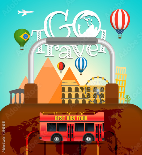 Vacation travelling concept. Vector travel illustration with different famous sights