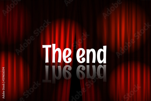 Opening stage curtains with bright projectors. Vector illustration. The end logo
