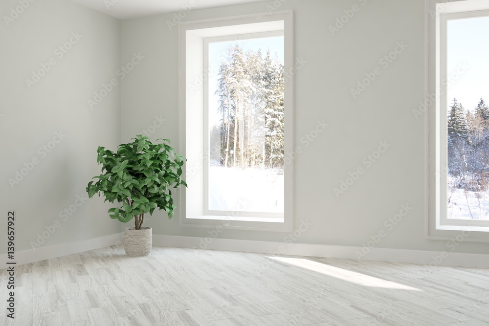 White empty room with winter landscape in window. Scandinavian interior design. 3D illustration White empty room with winter landscape in window. Scandinavian interior design. 3D illustration