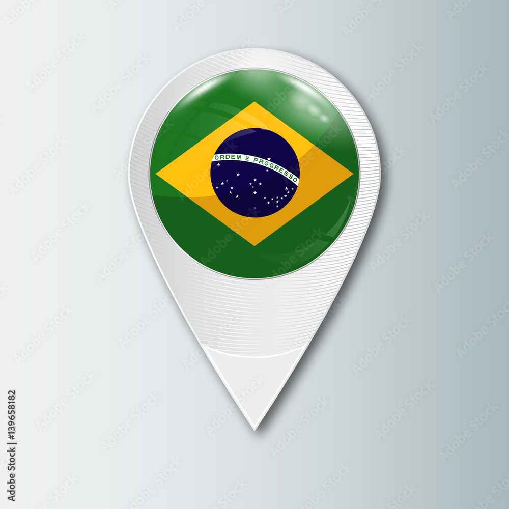 Pointer with the national flag of Brazil in the ball with reflection. Tag to indicate the location. Realistic vector illustration.