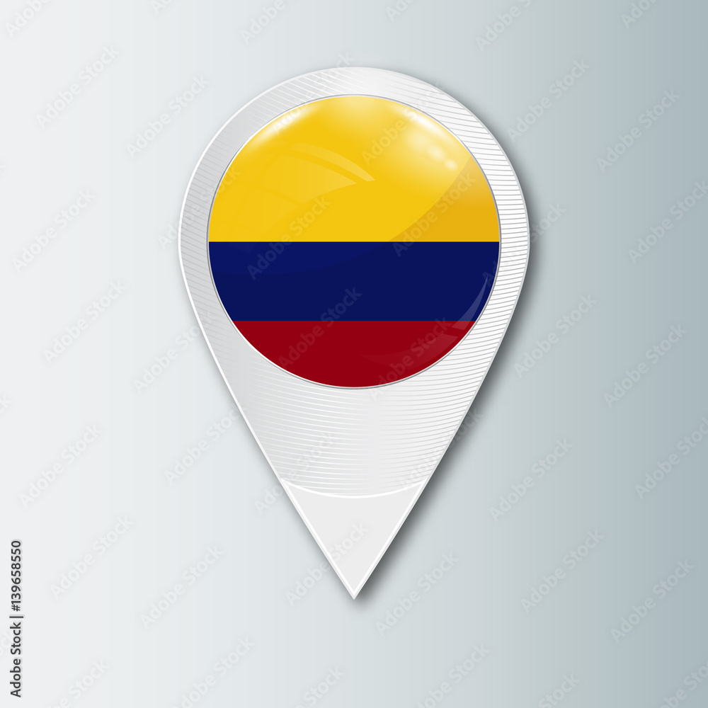 Pointer with the national flag of Colombia in the ball with reflection. Tag to indicate the location. Realistic vector illustration. Pointer with the national flag of Colombia in the ball with reflection. Tag to indicate the location. Realistic vector illustration.