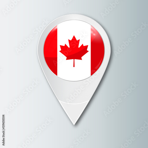Pointer with the national flag of Canada in the ball with reflection. Tag to indicate the location. Realistic vector illustration.
