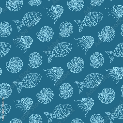 Summer seamless pattern with hand drawn sea shells, fish, .jellyfish . Marine background.