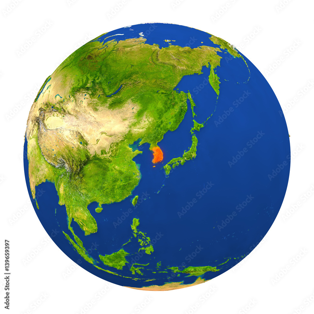 South Korea highlighted on Earth