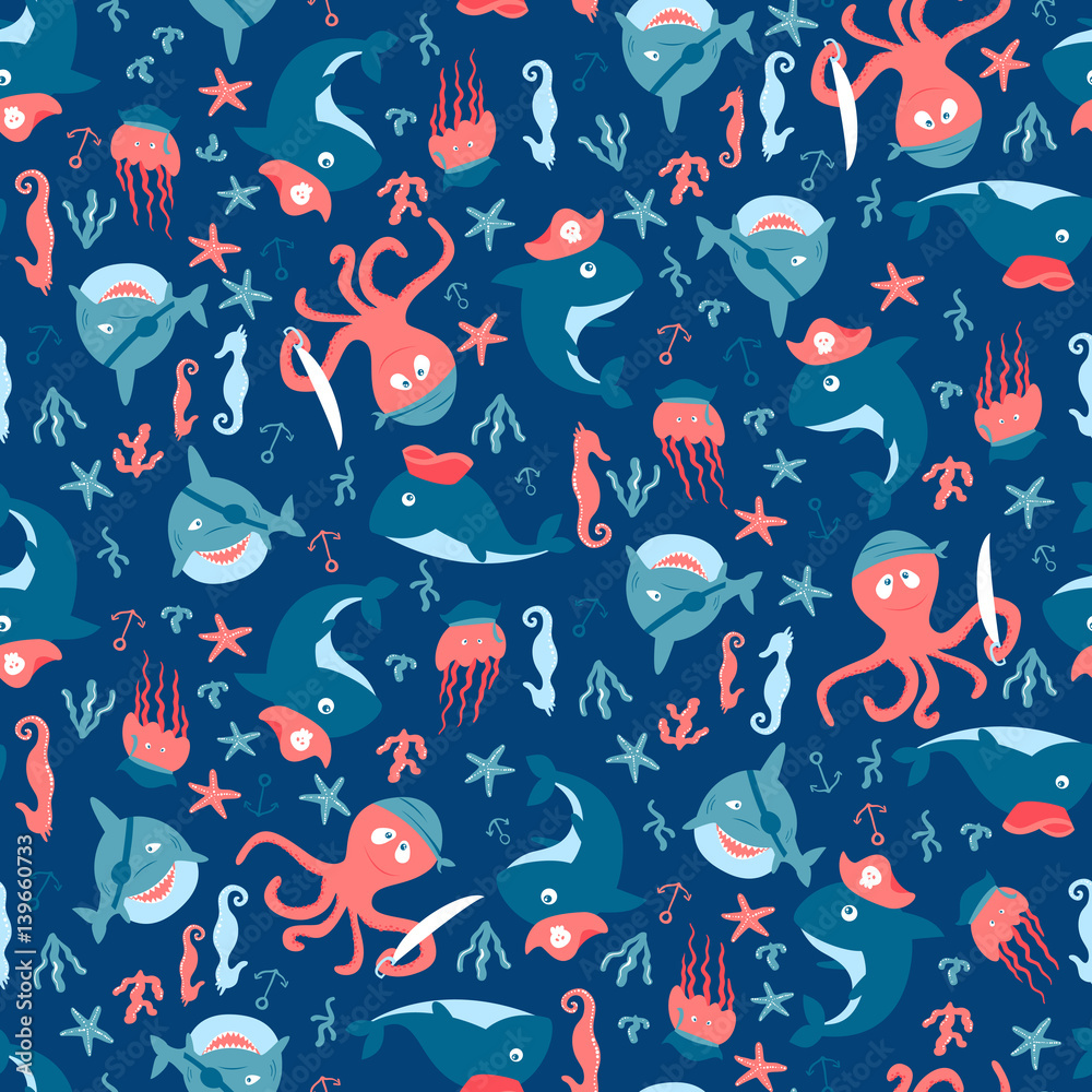 Seamless pattern with cute sharks and octopuses in pirate costumes Seamless pattern with cute sharks and octopuses in pirate costumes
