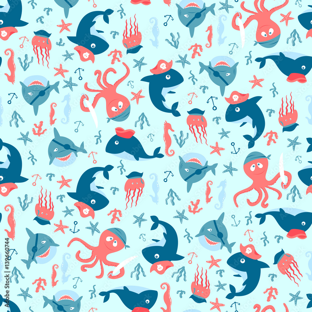 Seamless pattern with cute sharks and octopuses in pirate costumes