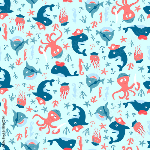 Seamless pattern with cute sharks and octopuses in pirate costumes