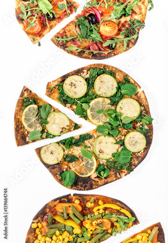 Vegan pizza on white background, top view