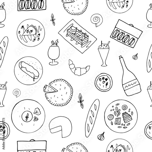 Hand drawn french cuisine seamless pattern. French food with baguette, macaron, mousse au chocolat, cafe liegeois, quiche, mille feuille, eclaire, camembert cheese, croissant, creme brulee, crepe, ter