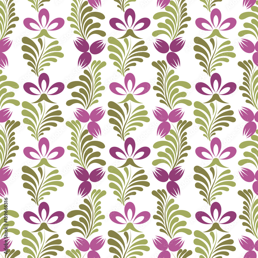 Seamless background with floral patterns. Summer ornament. Vintage Pattern. Elements of flowers and leaves. Vector illustration. Used for wallpaper, printing on the packaging paper, textiles.