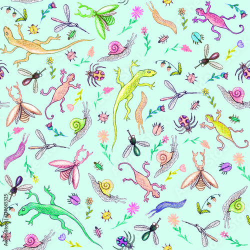 Beetles  snails  lizards and flowers in a na  ve style  seamless pattern  hand drawn colored pencils illustration  green colors 