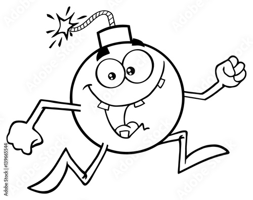 Black And White Crazy Bomb Cartoon Mascot Character Running.Illustration Isolated On White Background
