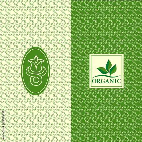 Set of design elements, graceful logo template. Seamless pattern background for organic, healthy, food packaging. Green labels and organic emblems for products, shops, websites. Vector illustration