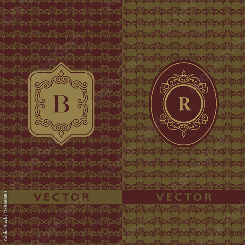 Abstract Monogram graceful template. Seamless pattern background. Calligraphic elegant logo design. Letter emblem sign B, R. Fashion universal decorative label. Vector illustration