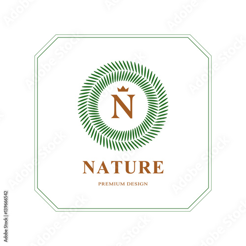 Abstract Monogram round template. Modern elegant luxury logo design. Letter emblem N crown. Mark of distinction. Green labels and organic emblems for products, shops, websites.. Vector illustration