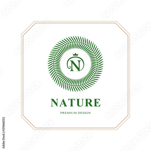 Abstract Monogram round template. Modern elegant luxury logo design. Letter emblem N crown. Mark of distinction. Green labels and organic emblems for products, shops, websites.. Vector illustration