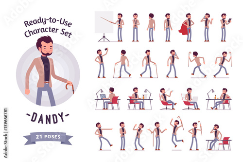 Ready-to-use young dandy character set, different poses and emotions