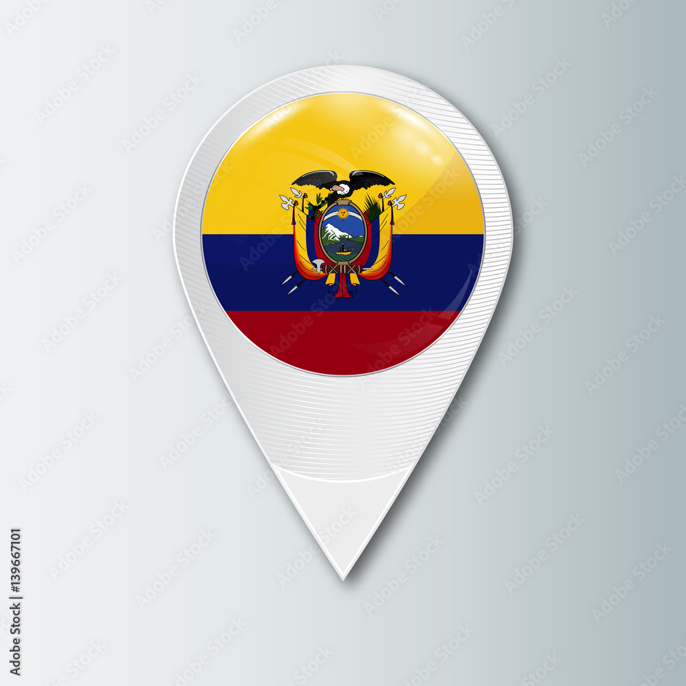 Pointer with the national flag of Ecuador in the ball with reflection. Tag to indicate the location. Realistic vector illustration. Pointer with the national flag of Ecuador in the ball with reflection. Tag to indicate the location. Realistic vector illustration.