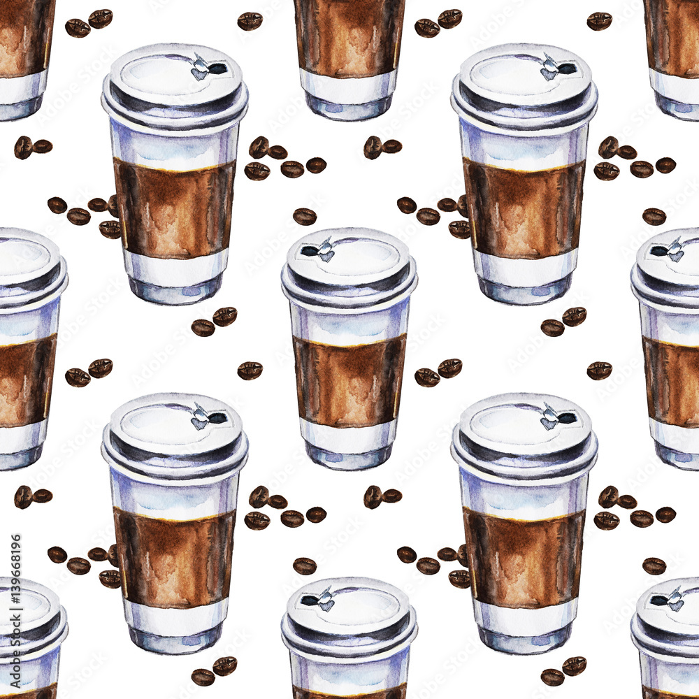 Watercolor seamless pattern with disposables cups of coffee and coffee beans. Hand painted illustration. Watercolor seamless pattern with disposables cups of coffee and coffee beans. Hand painted illustration.