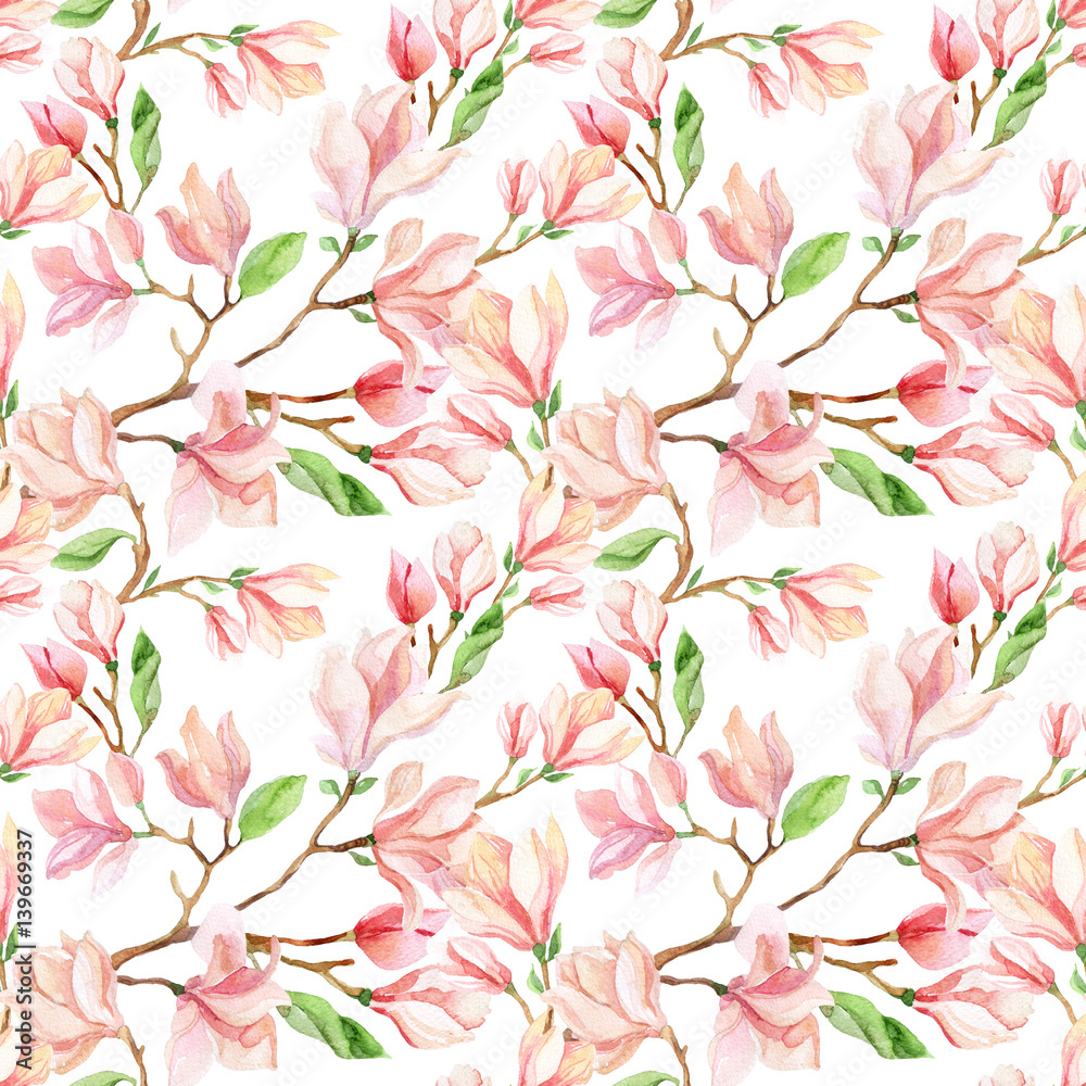 Watercolor magnolia flower seamless pattern.
